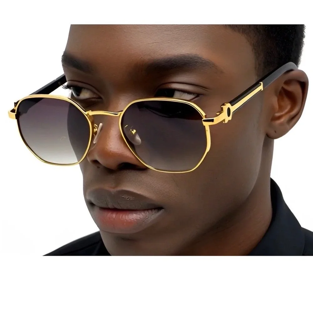 Mens Gold Round Sunglasses Black Gradient Lens Retro Luxury Style Eyewear Lentes